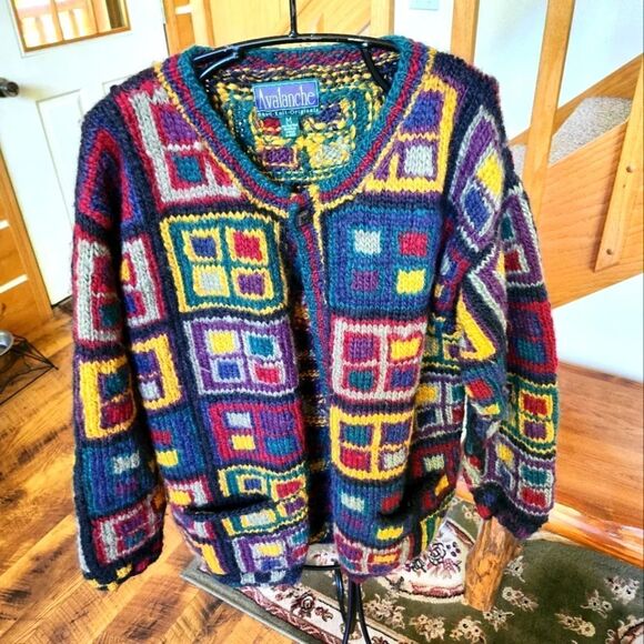 Avalanche Sweaters - Vintage 90's Avalanche Colorblock Hand-Knit 100% Heavy Wool Sz. M Cardigan